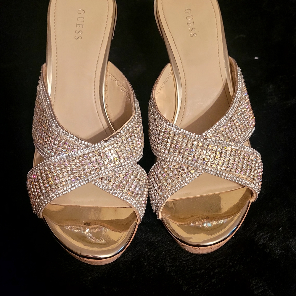 GUESS Gold Rhinestone Cross Strap Heels